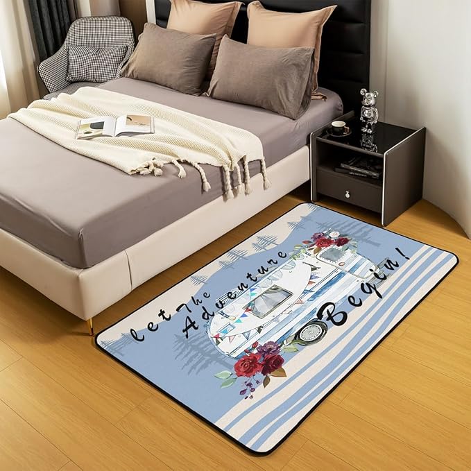 Erosebridal Camper Adventure Area Rug 3x5 RV Car Rug for Young Teens Cartoon Spring Flowers Mountain Travel Carpet Retro Blue Abstract Botanical Non Slip Decorative Rug