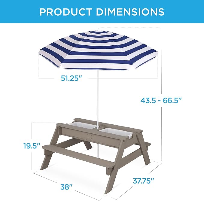 Best Choice Products Kids 3-in-1 Sand & Water Table, Wood Outdoor Convertible Picnic Table w/Umbrella, 2 Trays, Removable Top, 220lb Capacity Per Bench - Gray/Navy