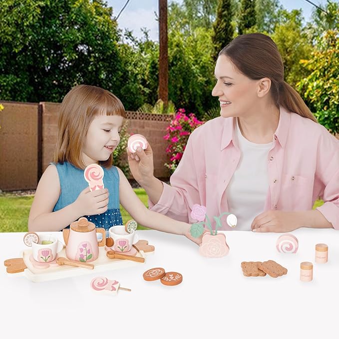 Wooden Tea Set for Little Girls, Pretend Play Tea Party Set Toy with 27 PCS Play Kitchen Accessories, Princess Tea Set Toy, Birthday Gift for Kids 2 3 4 5 Years Old, Improve Imagination