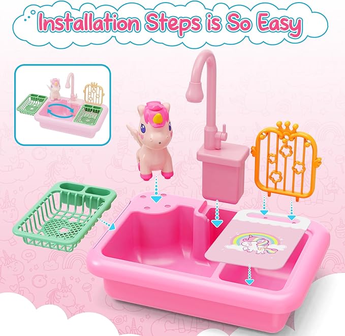 deAO Play Kitchen Sink Toys,Kids Electric Dishwasher Play Sink with Running Water, Play Kitchen Accessories,Real Faucet for Water Play, Pretend Play for Toddlers 3+,Pink