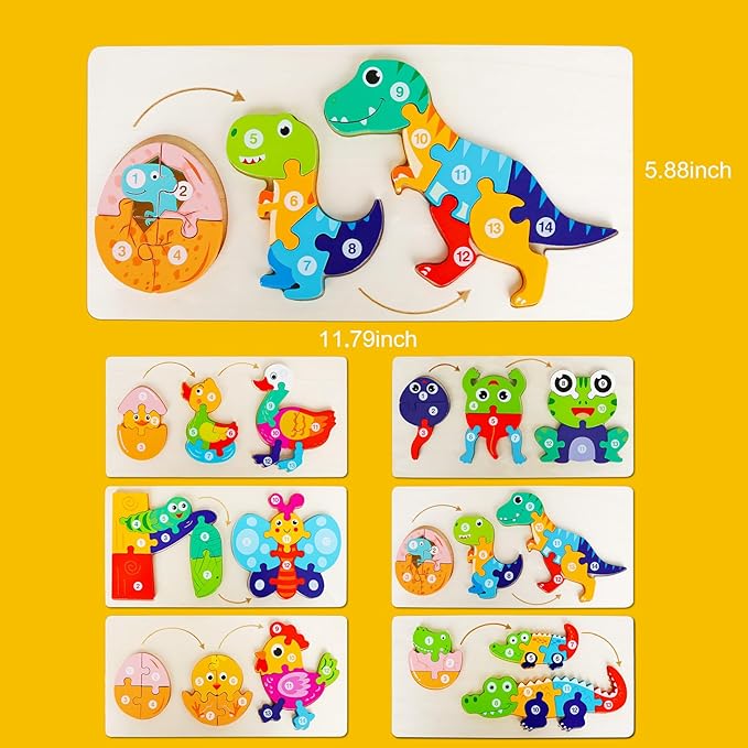 Wooden Puzzles for Toddlers 1-3,Montessori Education Learning Animal Evolution Growth Blocks Jigsaw Puzzle for Toddlers 2-4,Great Gifts for 2 Year Old Boy Girls(6 Pack)