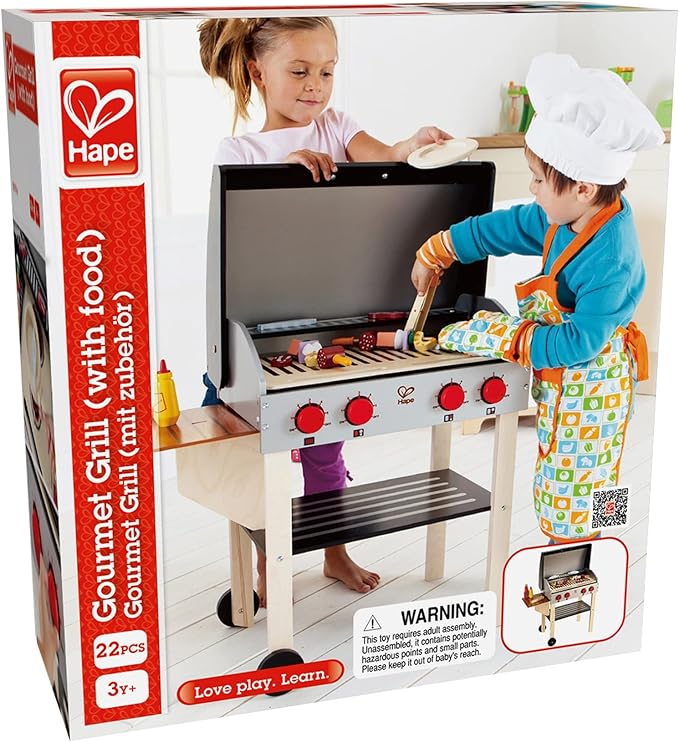 Hape Wooden Gourmet Grill and Shish Kabob| Pretend Playset Cooking Sets with Play Food for Kids