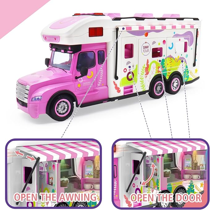 Remote Control Camper Toys, RC Truck for Boys Pull Back Model Car Doors & Awning Open Light Sound, RC Food Car Age 3 4 5 6 7 8 Kids Toddlers Birthday Gifts