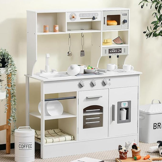 SainSmart Jr. Play Kitchen for Kids, Wooden Kitchen Playset with Lights & Sounds, Ice Maker, Oven & Sink, Trendy Home Style Toy Kitchen, Gift for 3+ Years