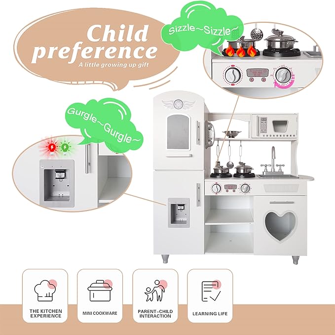 TaoHFE LED Upgrade Kitchen Set for Kids Wooden Play Kitchen LED Gas Tray with Sound Toy Kitchen Sets for Girls Gift Enjoy Cooking with Lights and Sounds White Kitchen for Toddlers Kids Kitchen Playset