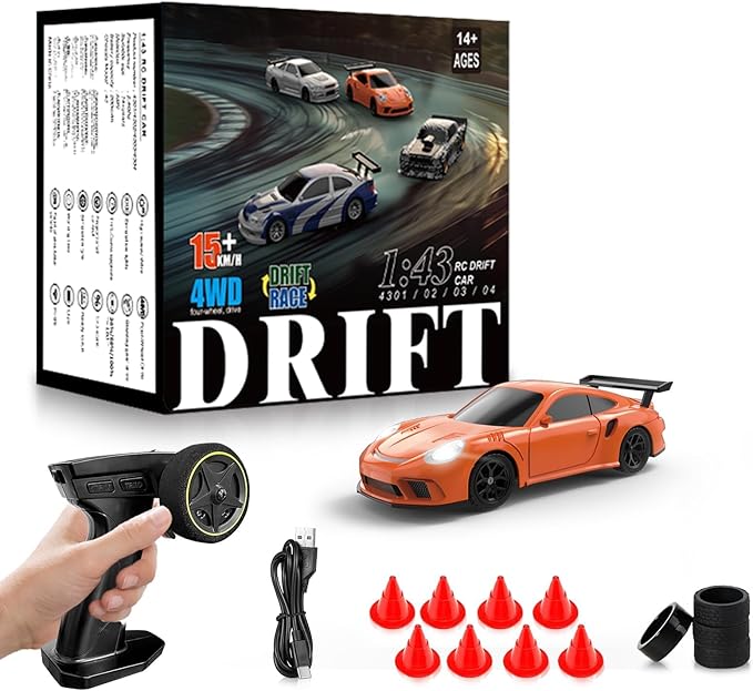 RC Drift Car, 1/43 Mini RC Drift Car with Gyroscope, 2.4GHz Full Proportional Remote Control Cars, 4WD High Speed Racing with Lights, Racing Tires, Model Cars Gift for Adults, Kids, Boys, Girls