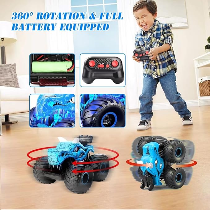 Remote Control Monster Truck, 2.4GHz RC Cars with Light, Sound & Spray, Monster Trucks for Boys Girls, All Terrain Dinosaur Toys with 4 Batteries, Festive Birthday Gifts