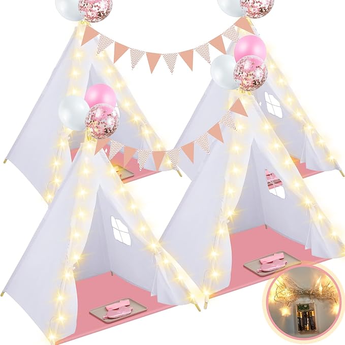 Windyun 4 Pack Teepee Tent for Kids with Light Blankets and Trays, Natural Cotton Toddler Play Tent, Washable Children's Sleepover Teepee for Girls Boys Indoor Outdoor Slumber Party Birthday Gifts