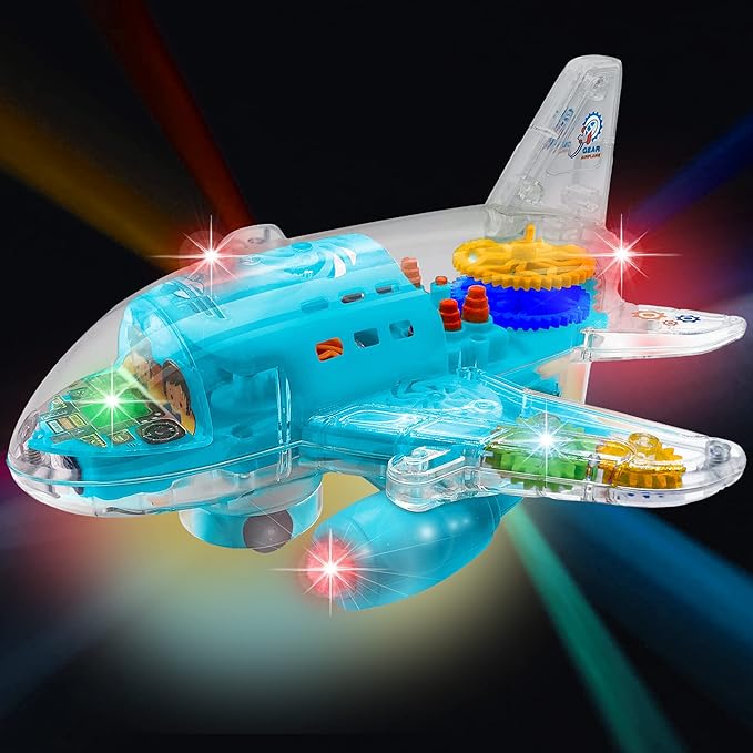 ArtCreativity Light-Up Transparent Airplane Toy for Toddlers 1-3, Fun Bump-and-Go Plane Toy for Kids 3-5, with Colorful Moving Gears, Music, and LED Effects - Perfect Airplane Gift for Boys and Girls