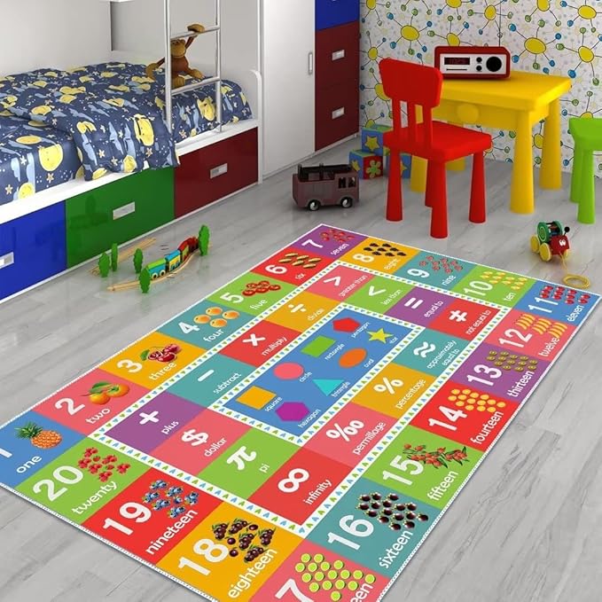 Educational Play Rug, 3'x5' Numbers Shapes Rug Carpet for Kids Classroom Playroom, Counting Game Floor Mat Playmat for Boys Girls
