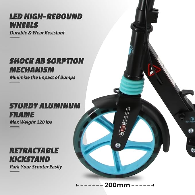 Scooter for Kids Ages 8+ Teens & Adults, Lightweight Kick Scooter with Carry Strap Adjustable Height Equipped with Front handbrake and Rear Brake, Big Sturdy PU Flash Wheels Great Gift & Toy