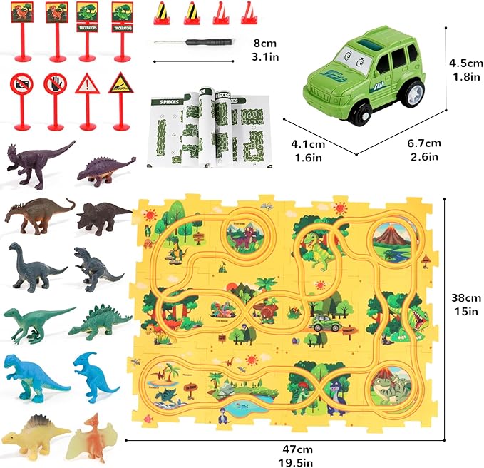 Puzzle Track Car Play Set with 12 Dinosaur Figures, Plastic Railcar Floor Puzzles for Kids Ages 3-5 with Vehicles, Toys Gifts for 3 4 5 6 Year Old Boys
