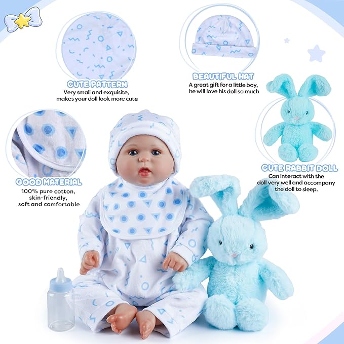 JIZHI 8 Pcs Reborn Baby Doll Clothes Set with Bassinet for 17-22 Inch Babydolls, Realistic Baby Boy Dolls Clothes fit Lifelike Reborn Baby Doll Accessories, Blue (Not Doll)