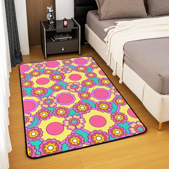 Erosebridal Girls Pink Psychedelic Flower Decorative Rug Groovy Floral Area Rug 4x5,Hippie Aesthetic Geometric Abstract Vintage Botanical Gold Teal Non Slip Accent Rug Set for Bedside