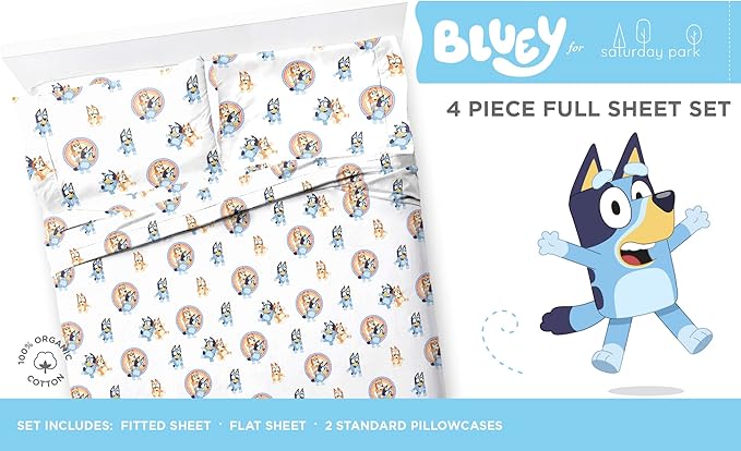 Saturday Park Bluey and Bingo Rainbow Clouds Full Sheet Set - 4 Piece 100% Organic Cotton Sheets with Pillow Cover - GOTS & Oeko-TEX Certified