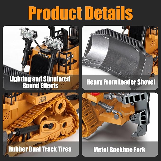9 Channel 2.4GHz Remote Control Bulldozer, High Performance Simulation Construction Vehicle with Realistic Lights and Sounds, Ideal Gift for Kids Aged 6+ (Bulldozer)