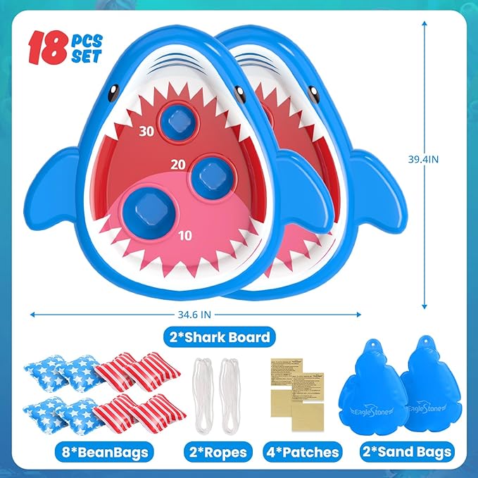 Eaglestone 2 PCS Pool Shark Cornhole Toys for Kids, Inflatable Swimming Pool Toys for Adults Family, 8 Bean Bags Toss Game w/Sandbag Anchor, Floating Outdoor Beach Toys for Pool Game Party, Water Toy