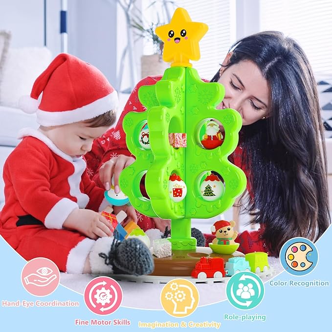 My First Christmas Tree for Toddlers, Montessori Christmas Decoration Toy with Ornaments, Mini Train Set, Roly Poly Toys, Finger Puppets, Birthday Xmas Gifts for Little Kids Boys and Girls