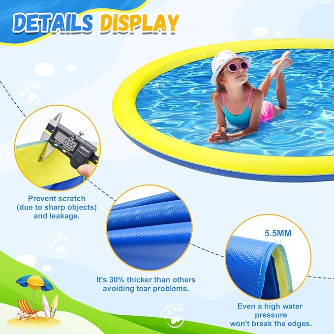 127 inch Extra Large Non-Slip Splash Pad Sprinkler for Kid and Dog, Kiddie Dog Pool, Toddler Outdoor Toys for Ages 3-12 Boys Girls, Summer Outdoor Water Kids Toys, Parent Games, Backyard, Lawn