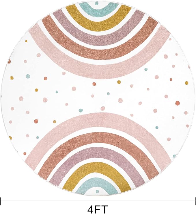 STARUIA Colorful Round Rug for Nursery, 4 Ft Rainbow Washable Rug for Playroom, Boho Kids Rug Non-Slip Soft Bedroom Carpet for Classroom Teepee Princess Castle