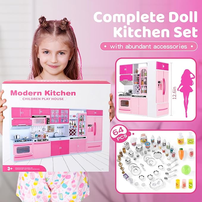 64 PCS Pink Kitchen Toys with Lights Sounds|Mini Kitchen House Furniture Sets for Kids Ages 4-8|Doll Playset Toys for Toddlers 3-5|Birthday Gifts for 3 4 5 6 7 8 Old Girls