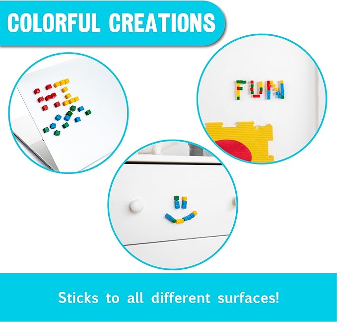 KOMARC GAMES StickiKubes, Mini Stacking Cubes That Stick to Anything, Non Toxic Kid Safe Sticky Blocks, Creative Construction Toy - 36 Cubes, 4 Colors, Display Easel