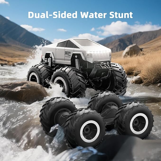 Amphibious Remote Control Cyber Monster Truck for Kids 8-12+ Years Old, 1:16 Scale 4WD All-Terrain RC Stunt Car, Waterproof Off-Road Pool Toy with Lights, Top Birthday Gift for Boys & Girls