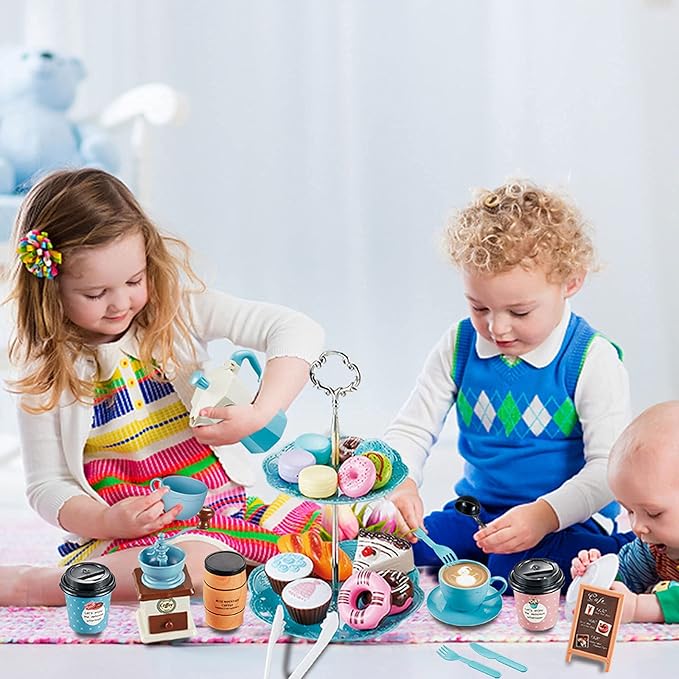 Pretend Tea Party Set for Little Girls, 41 PCS Coffee Maker Set and Play Food Dessert Set for Kids Age 3 4 5 6 7 8 9, Kids Kitchen Pretend Play for Princess Girls Boys