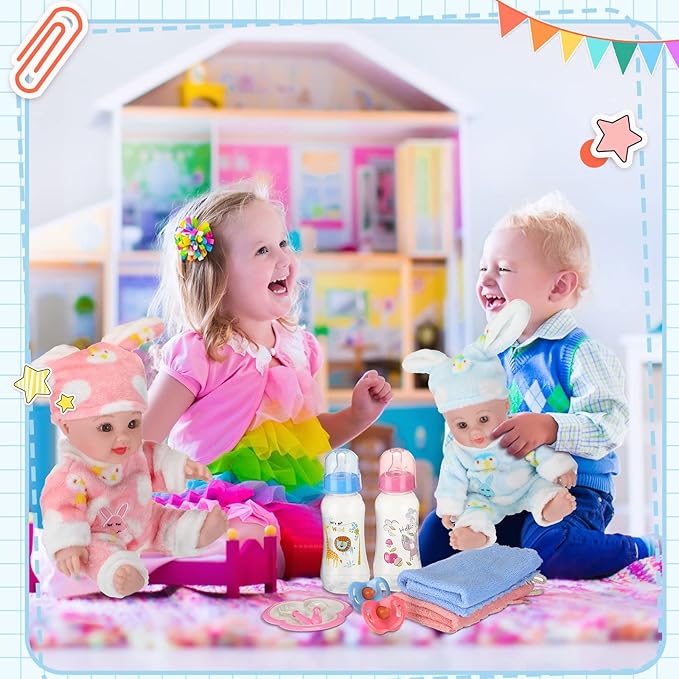 10 Pcs Realistic Twin Baby Dolls Toy Set Include 2 Pcs 12 Inch Baby Dolls, Feeding Set, Pacifiers, Doll Diapers, Bags, Milk Bottles Removable Outfit for Toddler Kids 6+ Gift(White)