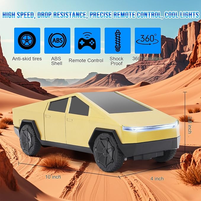 Remote Control Pickup Truck, 1/24 Scale Racing Car Model, Rechargeable Battery & Light and Loadspace, for Adults and Boys (Gold)