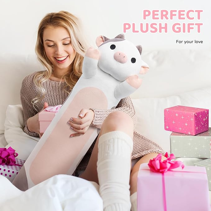 Long Plush Cow Body Pillow, Cute Cow Stuffed Animal Soft Plushie, Big Cuddle Pillow Toy for Girls (20 Inches)