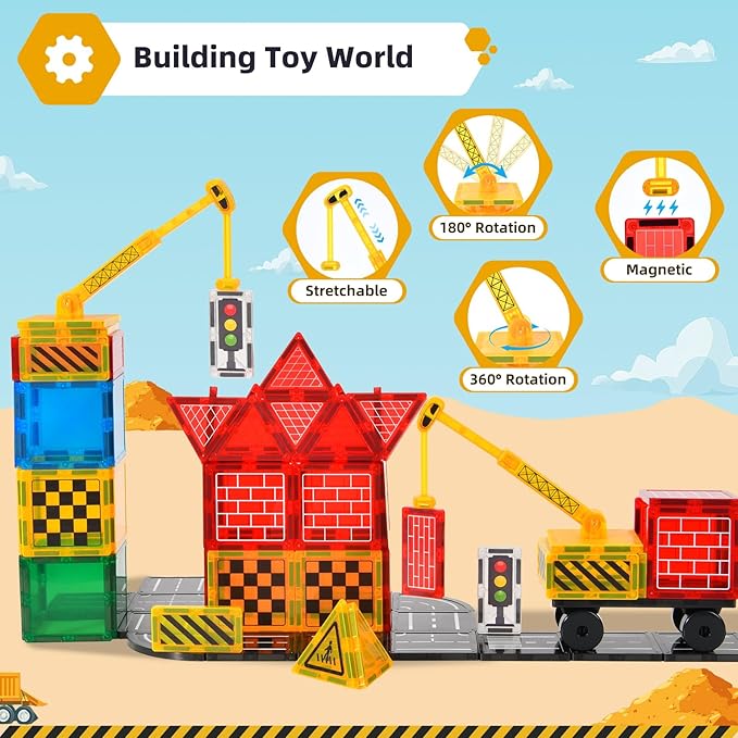 Magnetic Tiles Road Set - City Construction Building Toys, Magnetic Blocks with Extendable Crane and Car,Kids Toys for Boys & Girls Ages 3+, Creative Kids Games Gifts