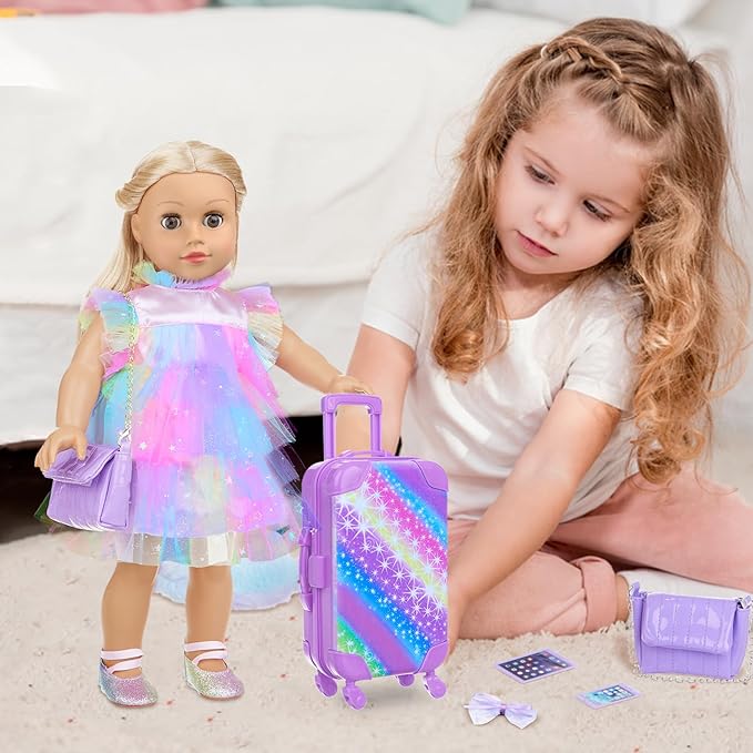 ZITA ELEMENT American 18 Inch Doll Suitcase and Clothes Accessories Set, 12 Pcs Doll Luggage Travel Play Set Fit for 18 Inch Girl Dolls (NO DOLL), Purple