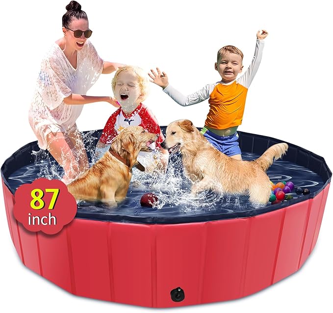 Foldable Dog Pool, 87" x 14" Large Kiddie Pool with Hard Plastic, Non-Slip Dog Bath Tub for Outdoor Backyard, Collapsible Dog Swimming Pool for Kids Dogs Pets (Red)