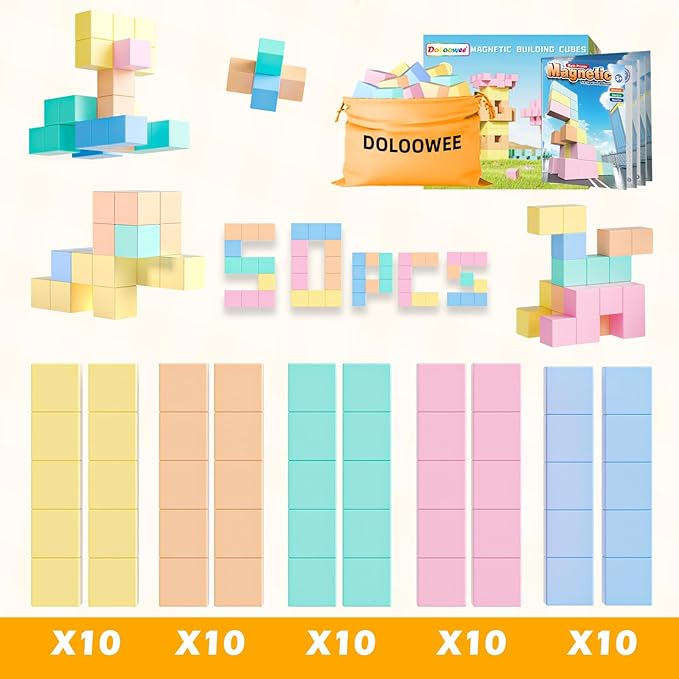 Doloowee 50 PCS Magnetic Blocks, Magnetic Building Cubes Macaron Magnetic Building Blocks for Kids Ages 4-8, STEM Preschool Toys Montessori Sensory Magnet Toys for 3 4 5 6 Years Old Boys Girls