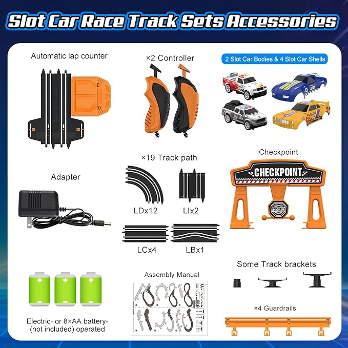 Slot Car Race Track Sets for Boys, Race Car Track with 2 High-Speed Slot Cars, Battery or Electric Car Track, Dual Racing Game Lap Counter Track Sets, Toys Gifts for Boys Girls Ages 4 5 6 7 8-12