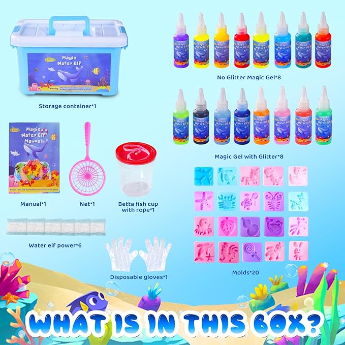 MOMJOY Magic Water Elf Toy Kit - Aqua Fairy Water Gel Kit for Kids with 16 Magic Gel Colors and 20 Shape Molds for Water Pets - DIY Squishy Toys - Perfect Birthday Gifts for Girls and Boys Ages 3+