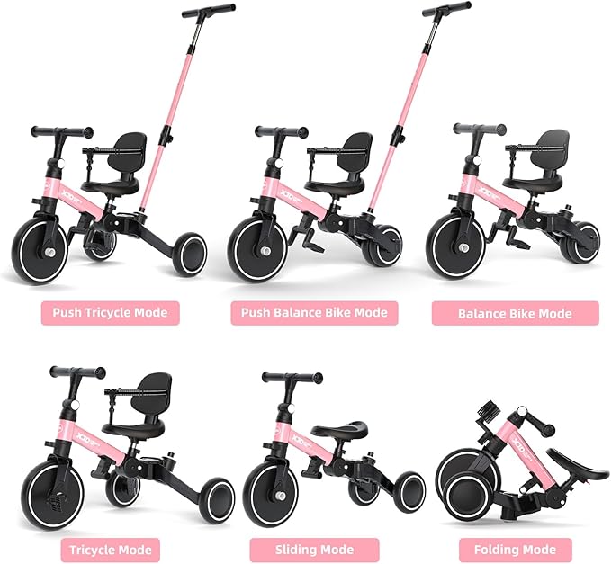 XJD Toddler Bike, 6 in 1 Folding Toddler Tricycle for 1-4 Year Old with Push Handle, Balance Bike with Removable Pedal,Backrest, Adjustable Seat Height and Handle, First Birthday Gifts (Pink)