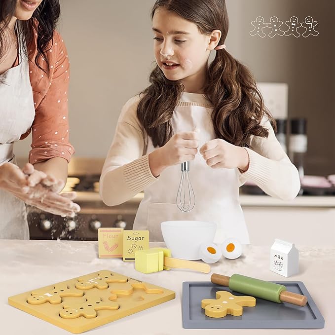 Wooden Toy Biscuits Baking Set,Pretend Play Food Sets for Kids Kitchen,Wooden Gingerbread Cookies Play Food Set,Play Kitchen Accessories for Toddlers Boys Girls Ages 3+