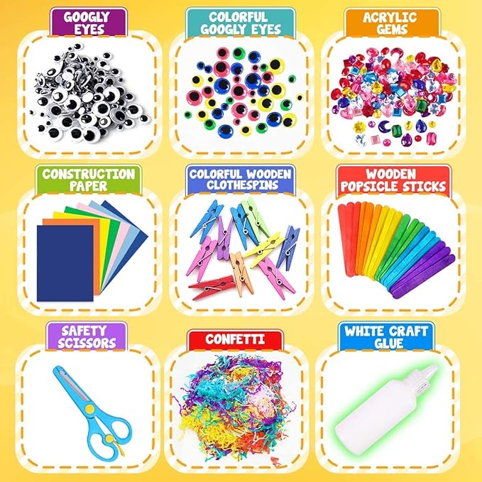 FUNZBO Arts and Crafts School Supplies for Kids -Kindergarten School Supplies Set with Glitter Glue Stick,Glue, Pipe Cleaners Craft and Kids' Scissor, Birthday Gifts for Girls Boys Age 4+