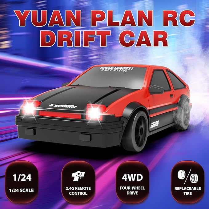 RC Drift Car, Mini RC Drift Car for Adults 1:24 Remote Control High Speed Race Drifting Cars, 2.4GHz 4WD Racing Hobby Toy Car with Headlight for Boys and Girls and Adults (Red)