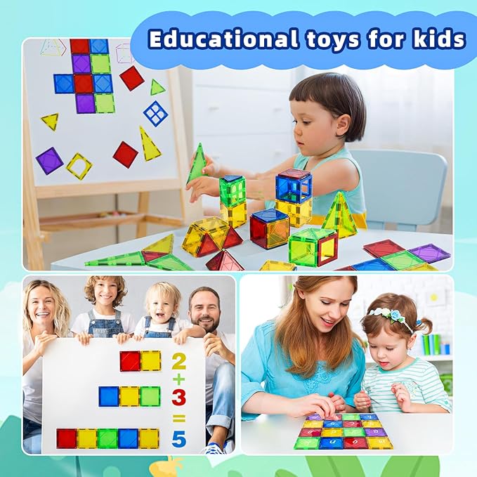 Magnetic Tiles Toys for Kids Preschool Learning, Magnetic Blocks Sensory Montessori Toys Set All Pieces with Magnets, Ideal STEM Educational Construction Gifts for 3+ Year Old Boys and Girls 32PCS