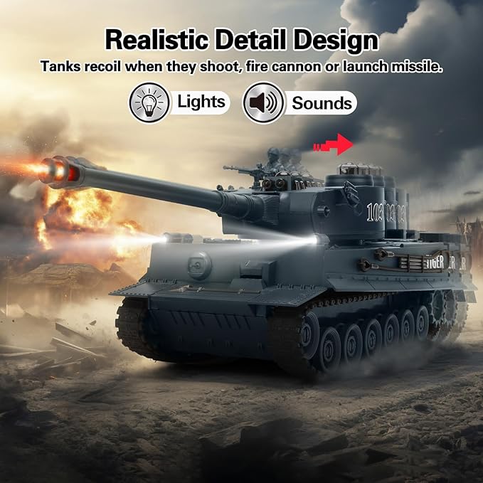 1/28 RC Battle Tank Set Remote Control M1A2 American&WW2 German Tiger Tank, 2.4G 9 Channels Radio Control Army Vehicles That Infrared Shoot, w/Sounds,Lights,Life Indicators, Model Toy Car for Kids