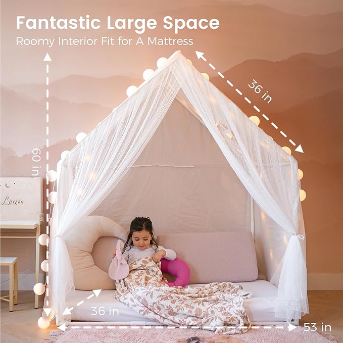 Tiny Land Kids Tent with Star Lights, Large Indoor Playhouse, 53" x 36" Play Tent for Girls and Boys, Use for Reading Nook, Playroom, Sleepover