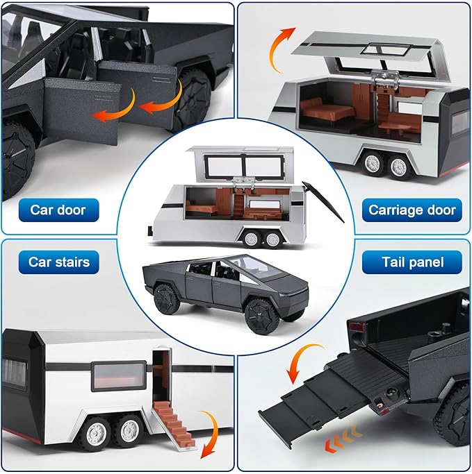 INGQU® Toy Car Alloy Diecast Pick-up Truck Model with RV & Motorcycle with Sound and Light Race Car Display Model Metal Pull-Back Vehicle 3-in-1 Camping Car Set Ideal Gift for Boys Kids Age for 3+
