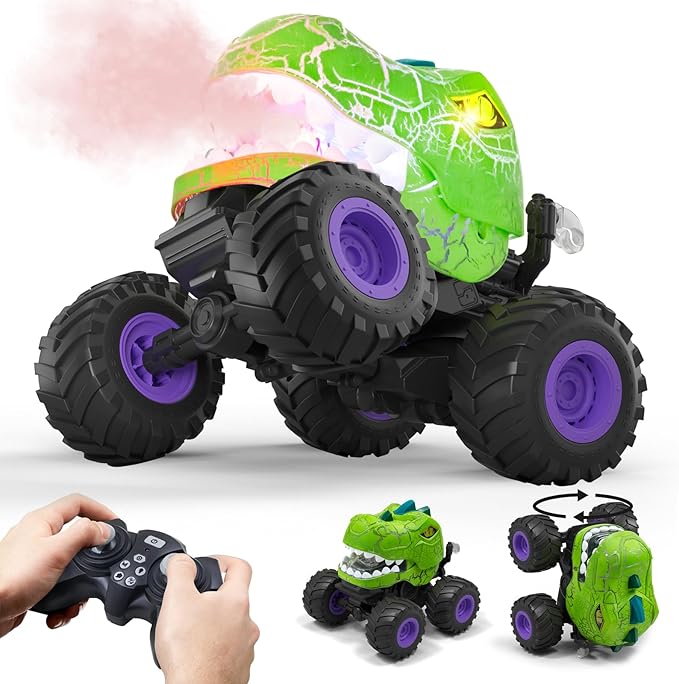 Dinosaur Remote Control Car for Boys 4-7, 360° Rotating Stunt Vehicle, 2.4GHz All Terrain RC Monster Truck Toys with Spray, Light & Sound for Kids 8-12, Birthday Gift for Boys (Green)