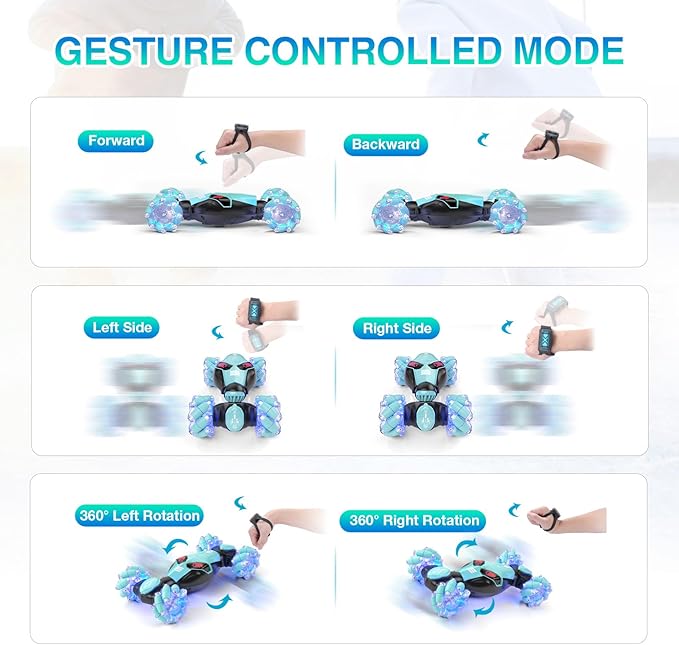 Powerextra LED Gesture RC Car, 4WD Hand Controlled Sensor RC Stunt Car for Age 8+ Year Old Boys & Girls, Double Sided 360° Flips Off Road Remote Control Vehicle Toy with Lights & Music, Sensing Toy