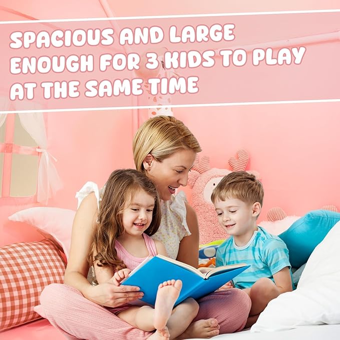 Large Kids Tent Playhouse Basic Mat with Star Lights, Flags and Tote Bags, Kids Play Tent Indoor & Outdoor, Washable Teepee Tent for Boys & Girls, Kids Play House for Toddler（Pink）