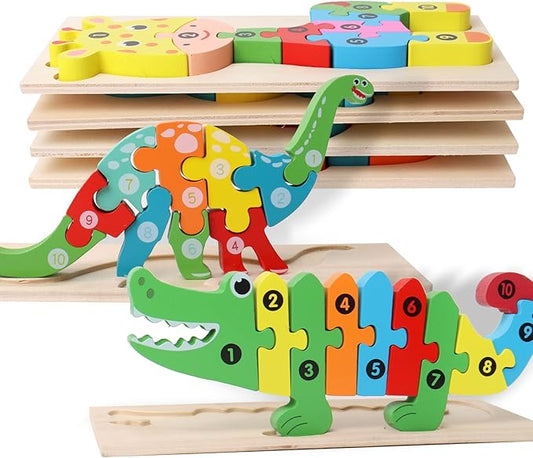 SHIERDU Wooden Puzzles for Kids, Toddler Number Puzzle, Old Wooden Dinosaur Puzzles and Animal Jigsaw Toys for Boy Girl Ideal Gift, 2-6 Years, Pack of 6, 2-1