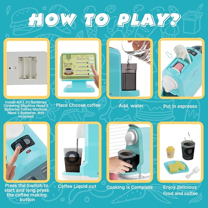 Toy Air Fryer and Coffee Maker Kids Play Kitchen Playset Accessories, Pretend Play Kitchen Toy ,Coffee Shop, Kitchen Toys for 3-8 Year Old Girls Boys Gifts